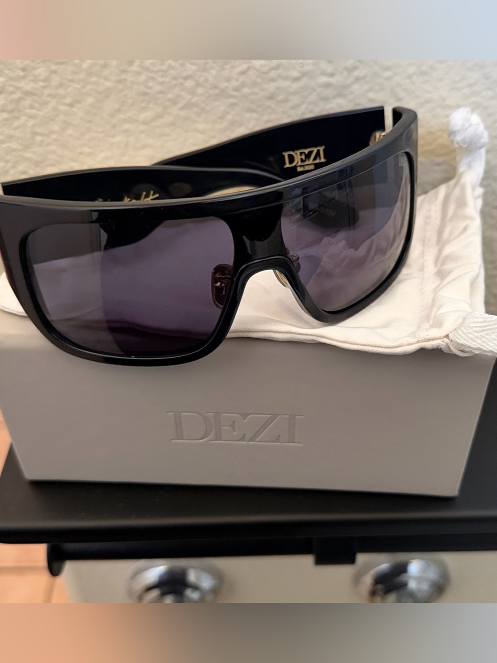 DEZI Glossy Black Shield Sunglasses with Smoke Lenses